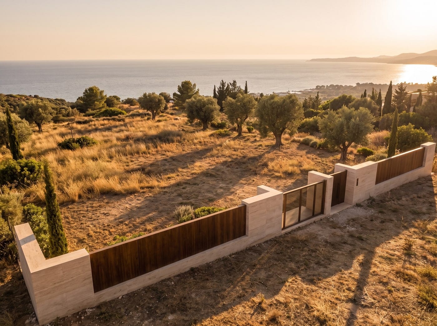Parcela en ladera sobre el Mediterráneo con olivos y el mar al fondo.